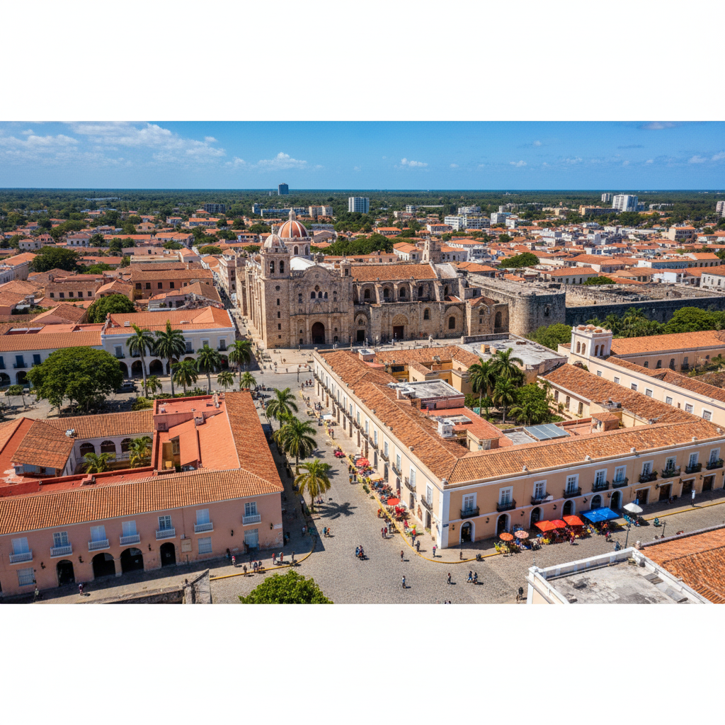 Aerial view of Santo Domingo's historic Zona Colonial with colonial buildings and the cathedral.